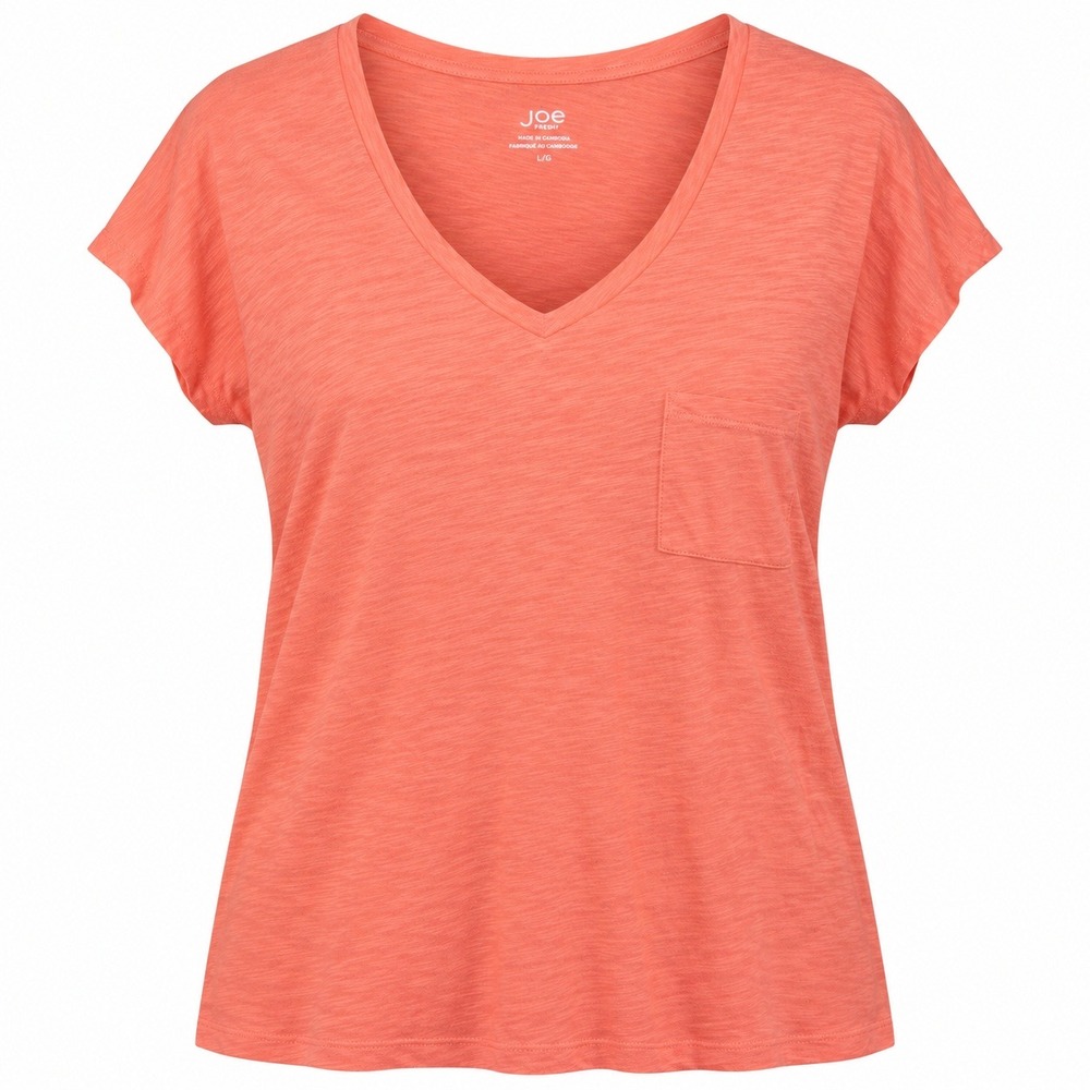 Joe Fresh V-Neck Pocket Tee Women Large Coral Excellent Slub Cotton Short Sleeve